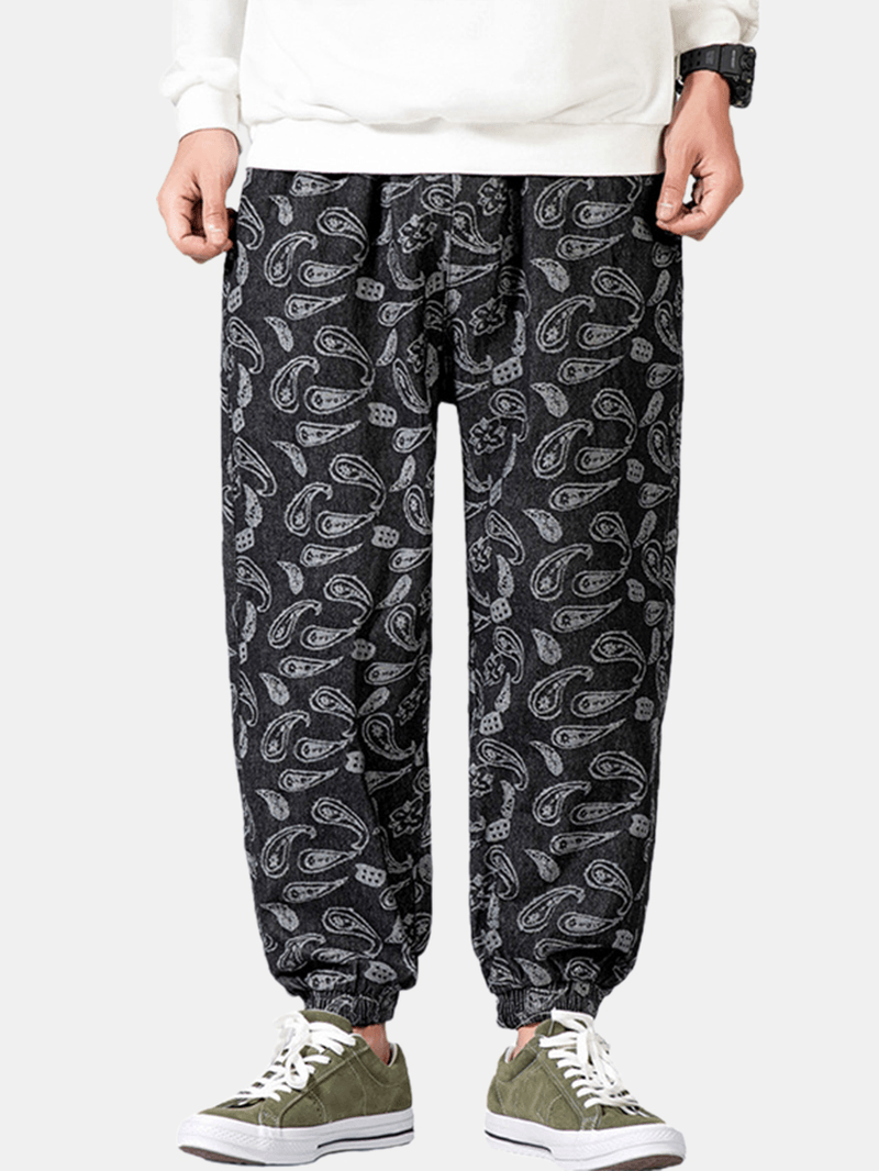 Mens Paisley Print Drawstring Ethnic Style Jogger Pants with Pocket