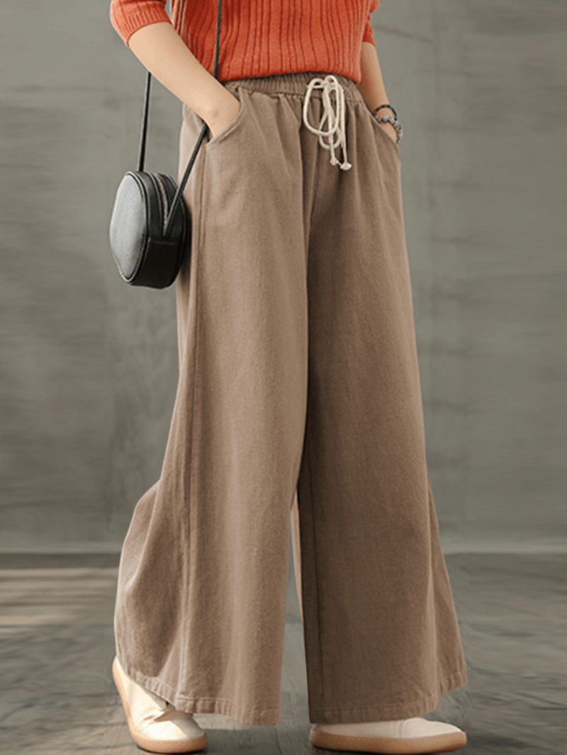 Women Vintage Drawstring Waist Loose Casual Wide Leg Pants with Pockets