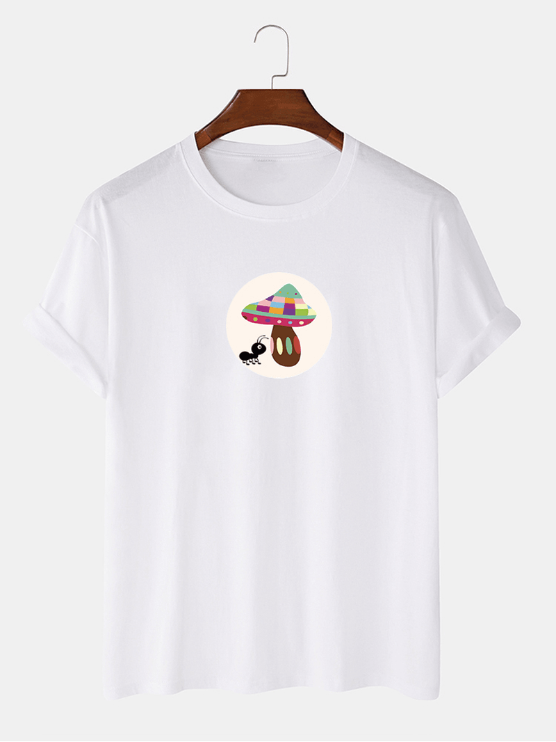 Mens Cartoon Ant Mushroom Graphic Print O-Neck 100% Cotton T-Shirt