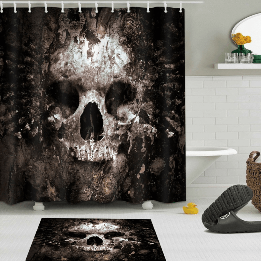 Skull Pattern Polyester Bathroom Shower Curtain Non-Slip Toilet Cover Mat Rug Set