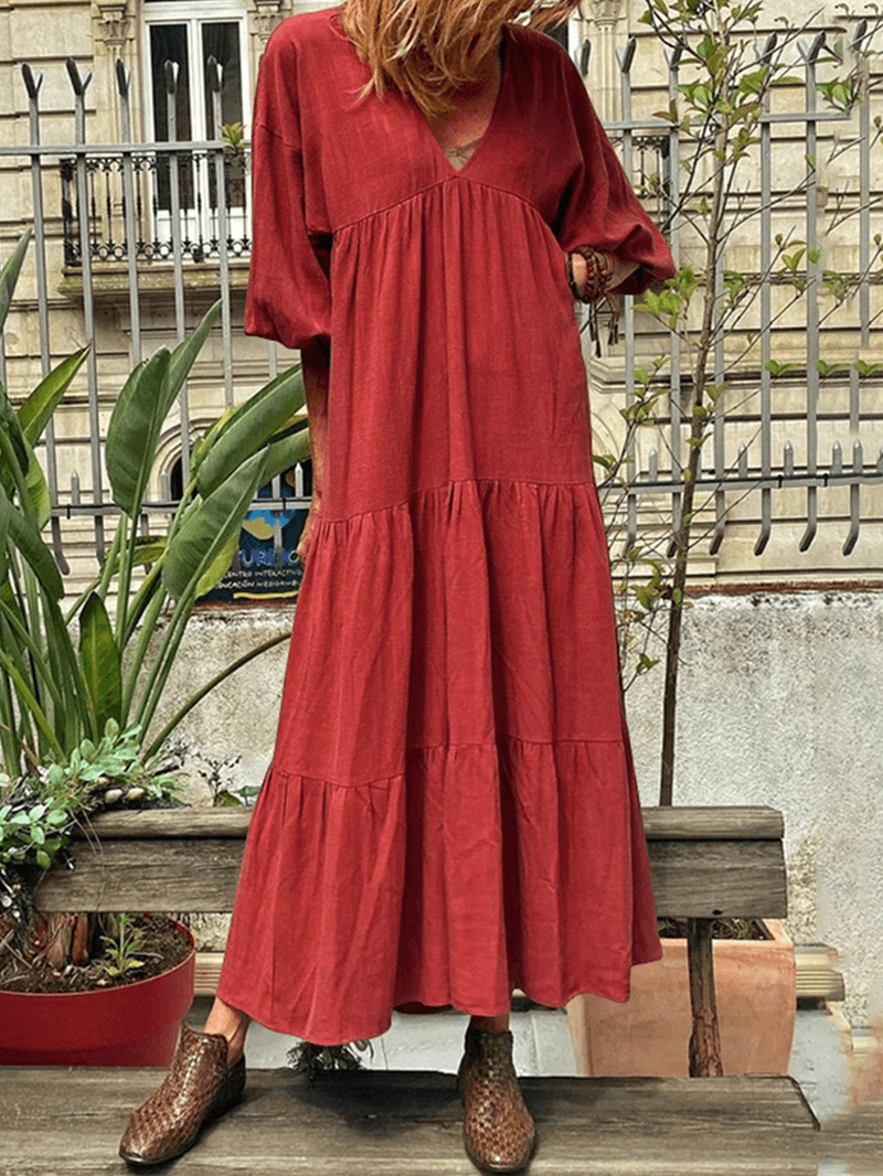 Women V-Neck Cotton Long Sleeve Puff Sleeve Maxi Dresses with Side Pockets