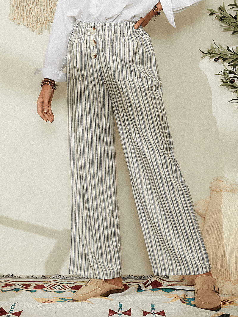 Women Classic Striped Print Elasitc Waist Button Detail Casual Pants with Pockets