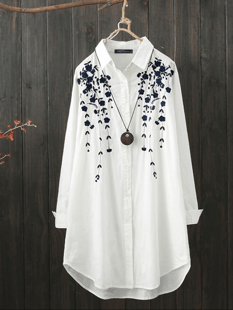 Print Lapel Collar High Low Hem White Long Sleeve Button Casual Shirts for Women