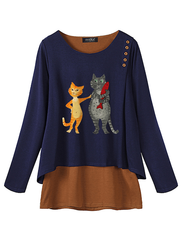 Women Casual Print Cat Long Sleeve Blouse - MRSLM