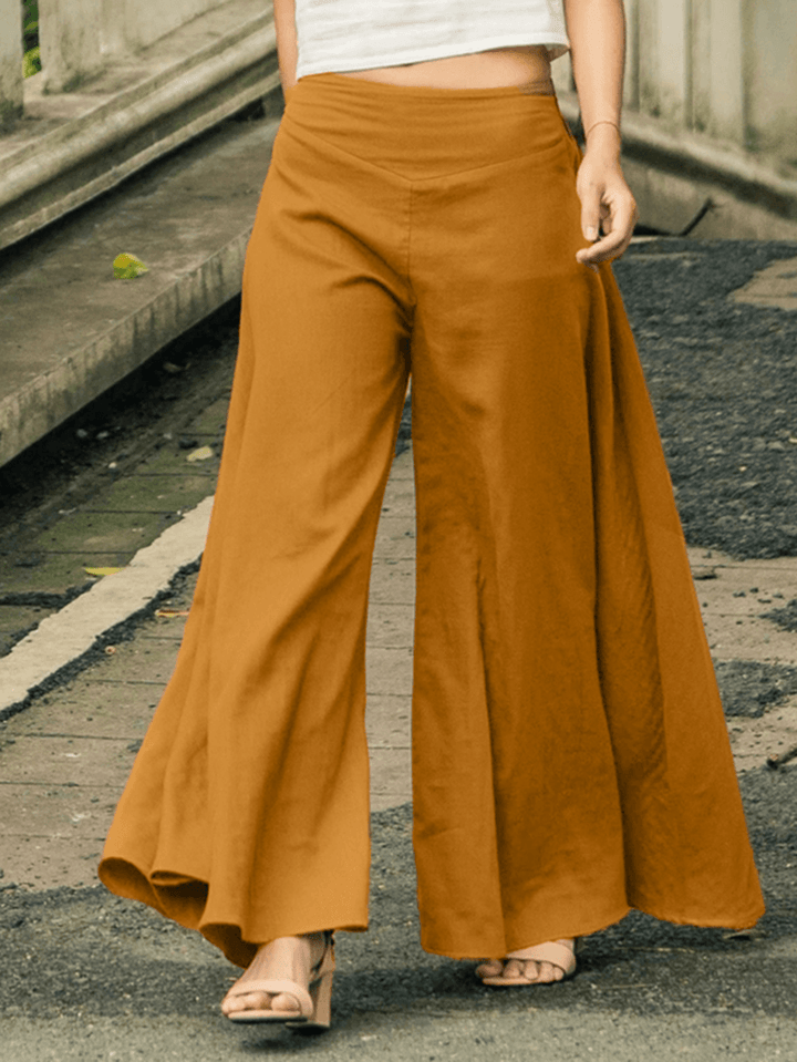 Women High Elastic Waist Solid Color Wide Leg Pants - MRSLM