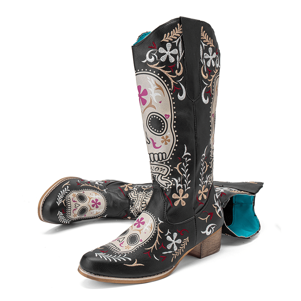 Women Color Kartoon Printed Embroidered Wear Resistant Chunky Heel Mid-Calf Boots