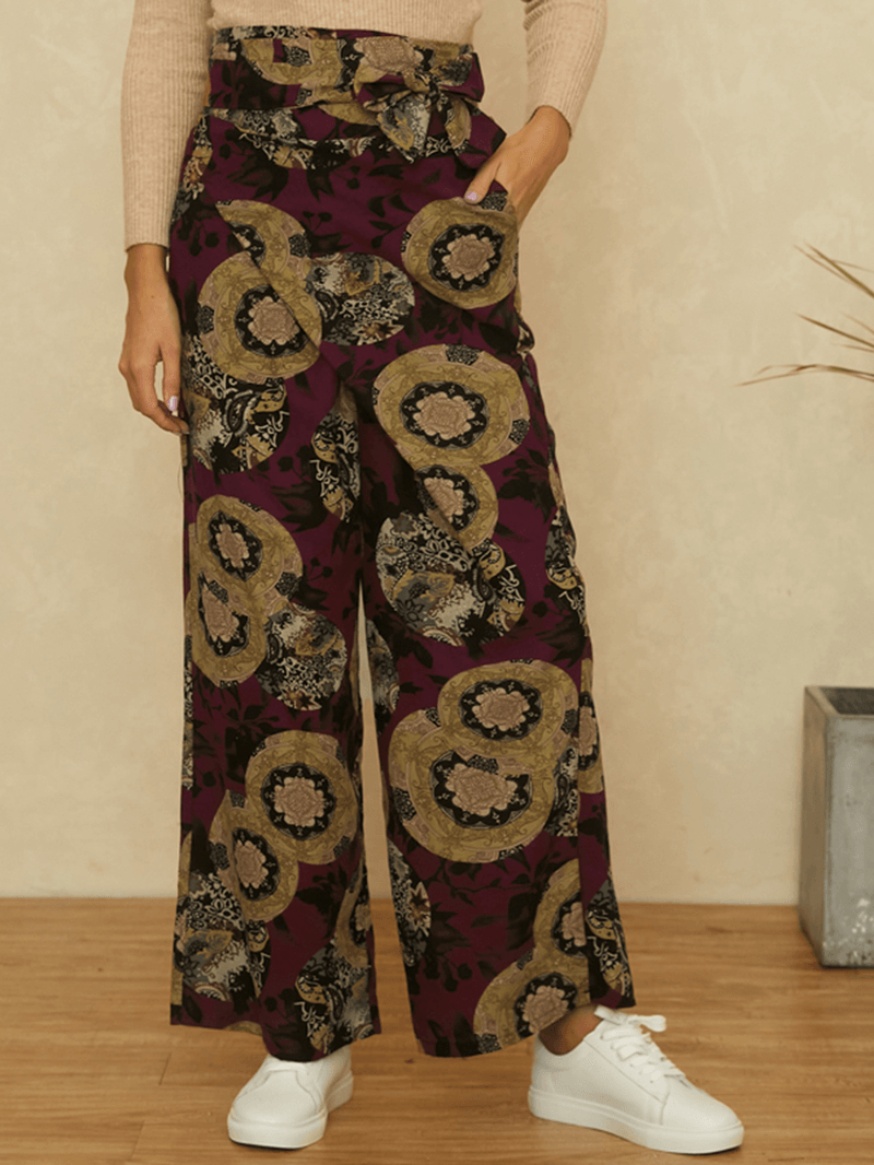 Women Ethnic Style Print Asymmetric Tie Waist Casual Wide Leg Pants