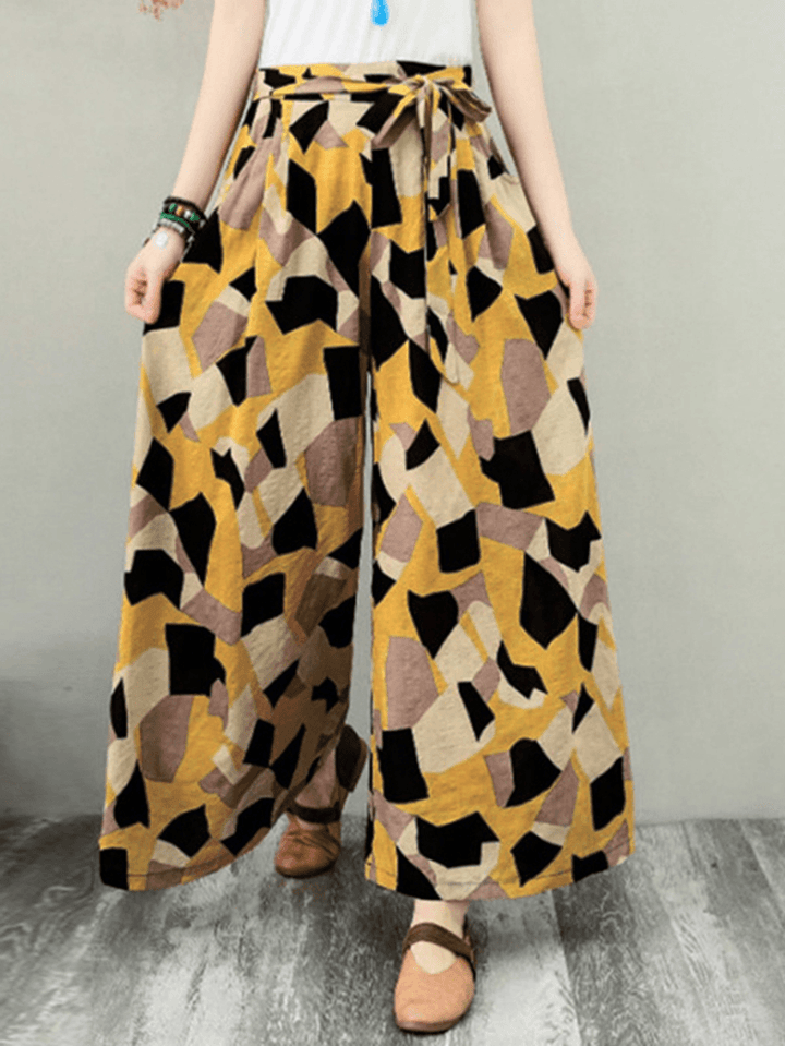 Wide-Legged Women Geometric Print Elastic Waist Side Pockets Pants