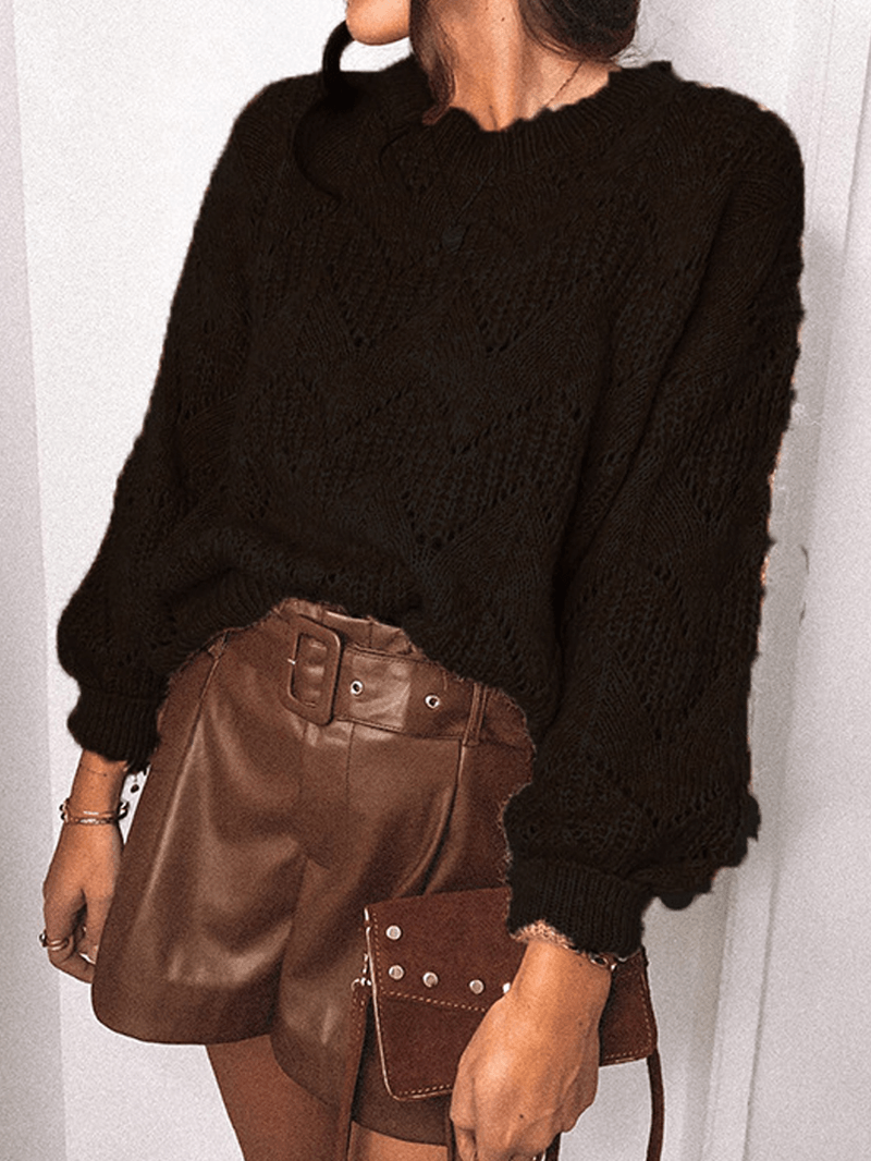 Women Hollow Out Ribbed Knit Crew Neck Casual Long Sleeve Sweaters