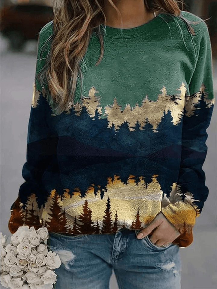 Women Landscape Print round Neck Pullover Casual Raglan Sleeve Sweatshirts