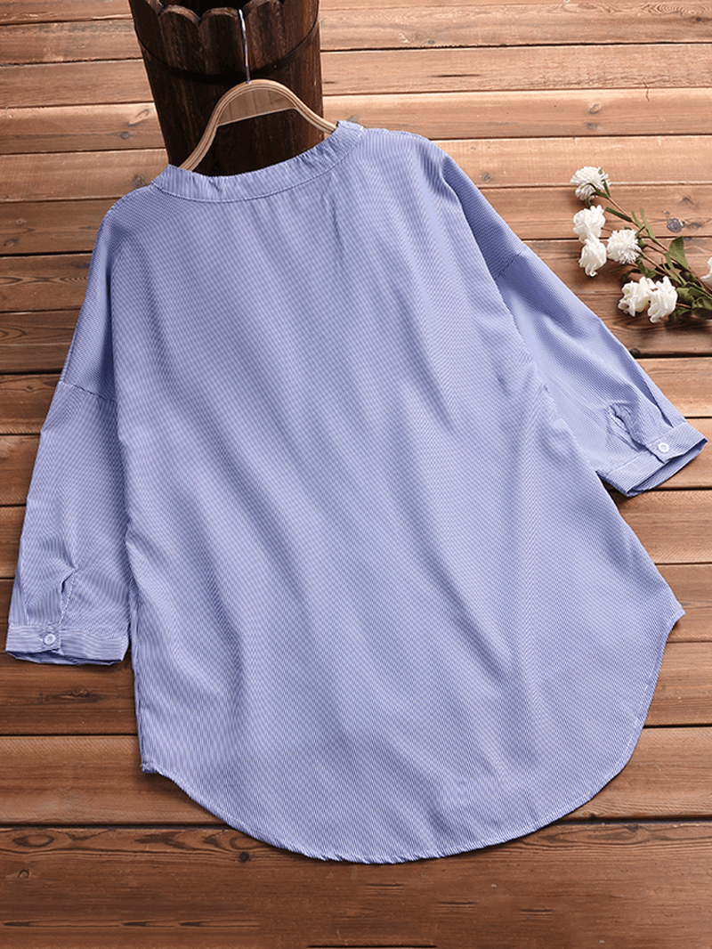 Women Striped V Neck Half Sleeve Loose Blouse