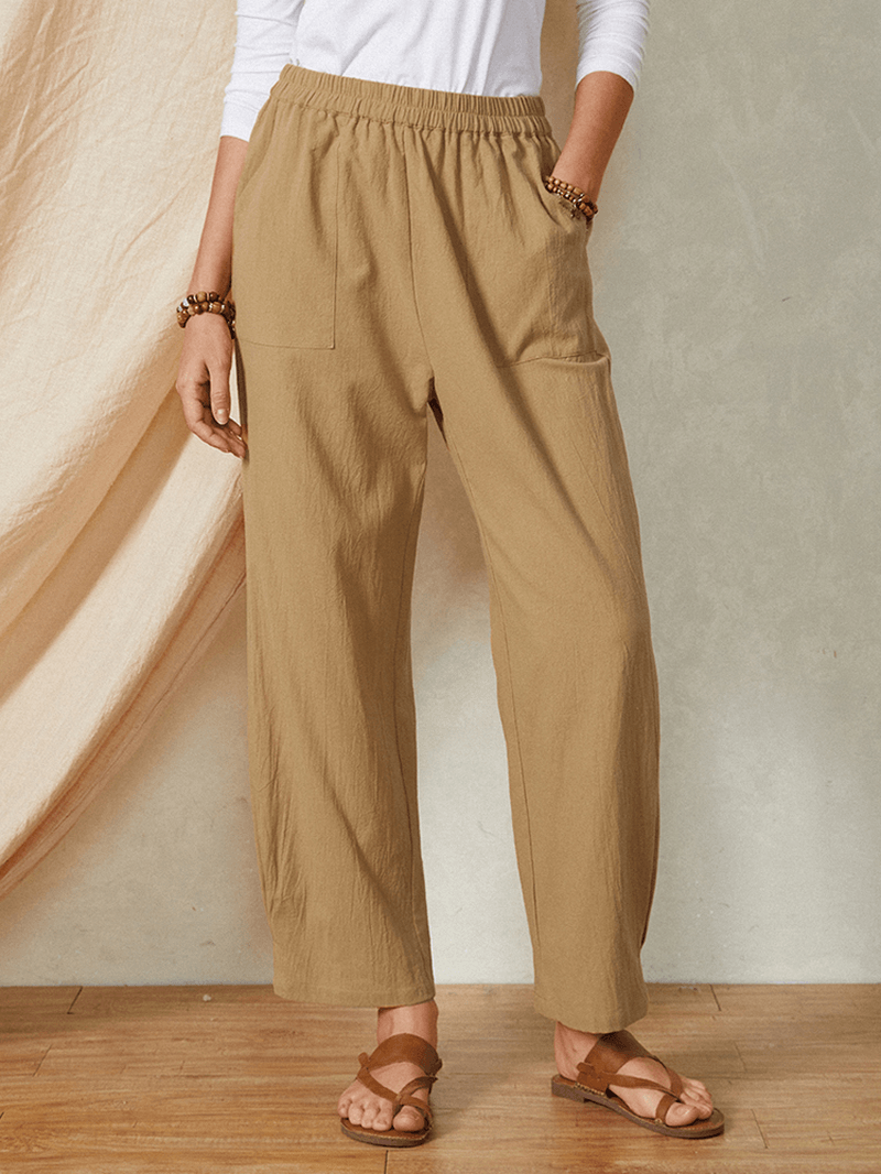 Solid Color Elastic Waist Casual Cotton Women Pants