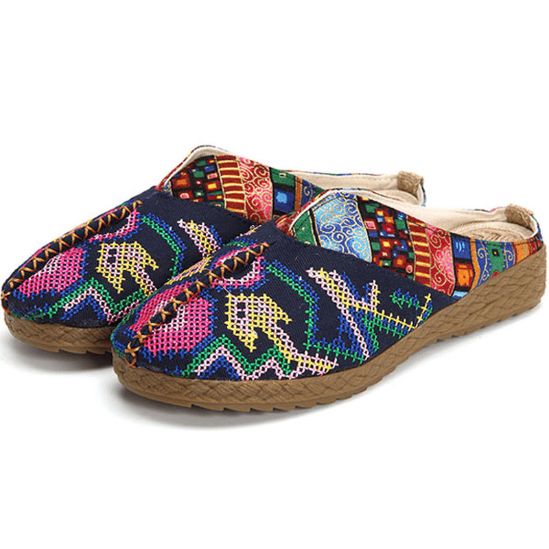 Women Flax Casual Outdoor Embroidery Flat Slipper Shoes