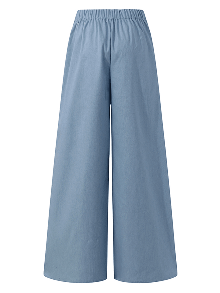 Women Solid Color Elastic Waist Cotton Casual Loose Wide Leg Pants