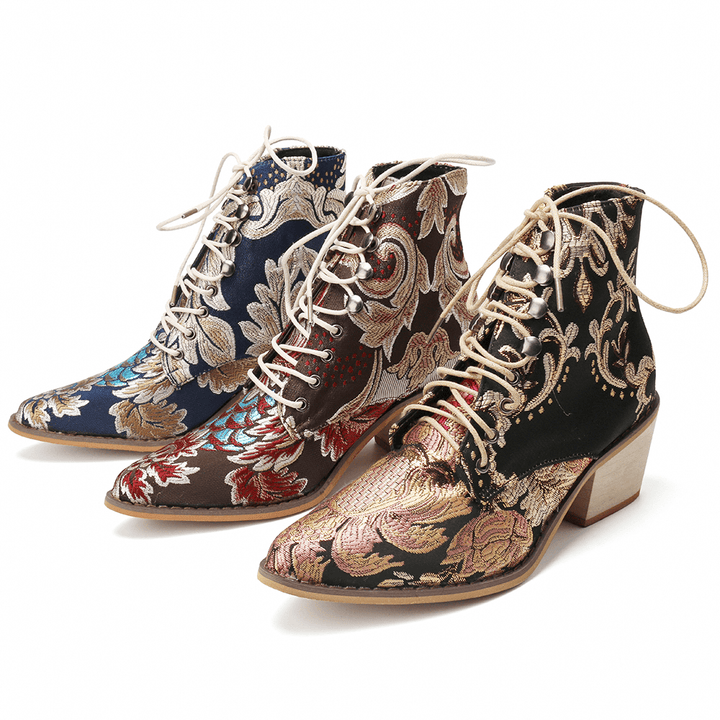 Women Pointed Toe Embroideried Lace up Block Boots