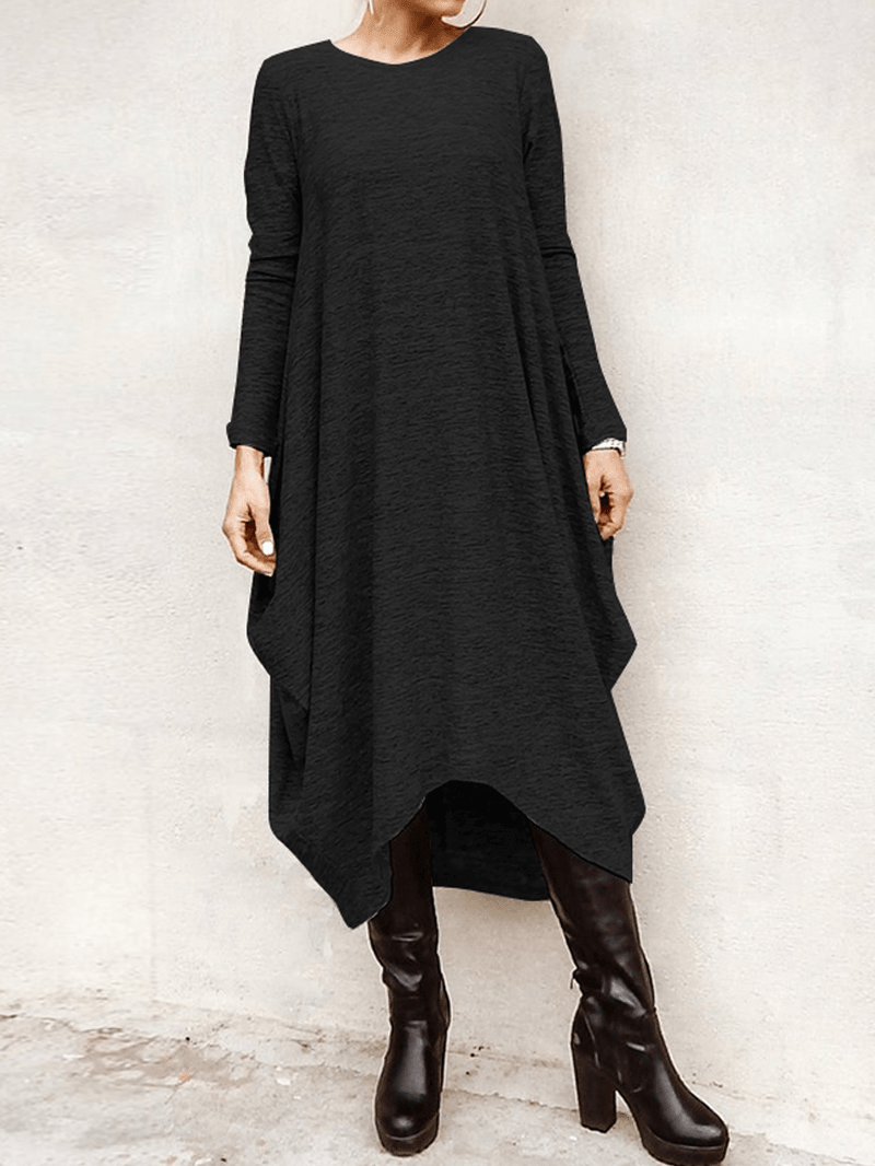 Women's Casual High Low Hem Midi Dress - Loose Fit with Long Sleeves