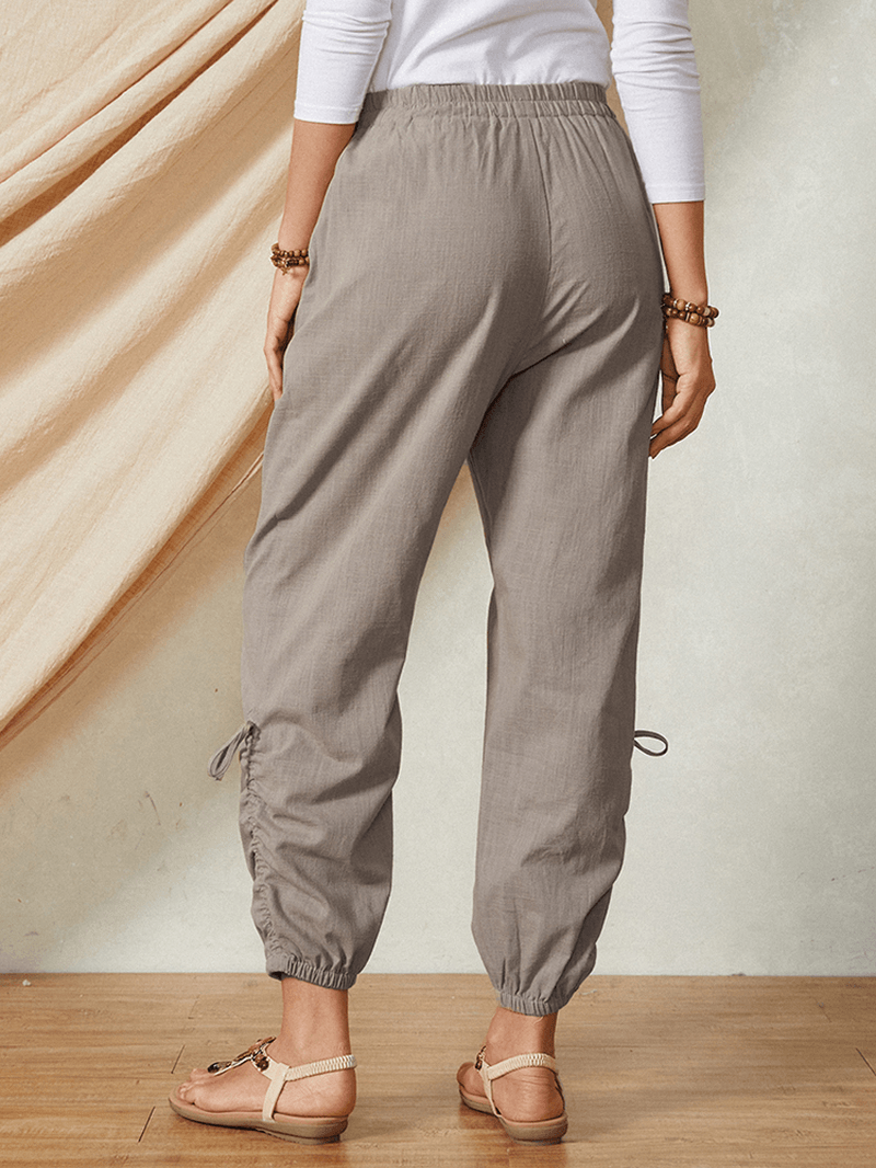 Solid Color Pocket Elastic Waist Drawstring Design Casual Cotton Women Pants