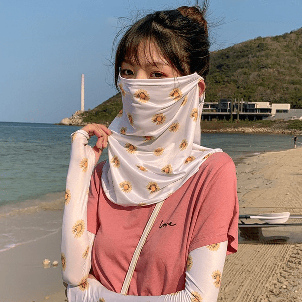 Women Sunscreen Outdoor UV Protection Ice Silk Sleeve Arm Guard Cover Face Ear Hanging Breathable Veil Mask