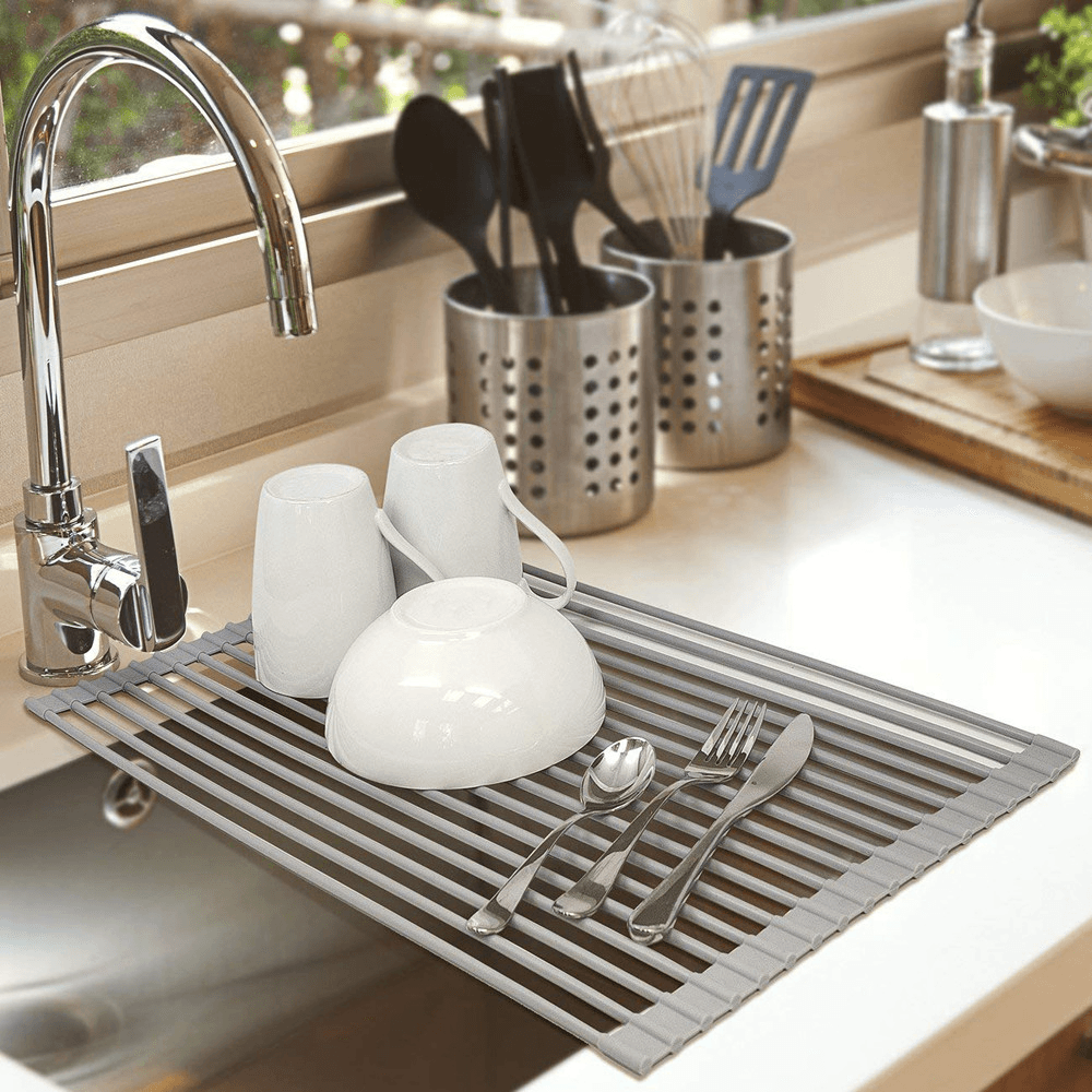 Dish Drying Rack Roll up No-Slip Silicone-Coated Kitchen Multipurpose Sink Drainer Foldable Drain Shelf