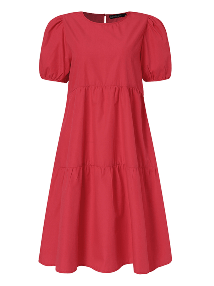 Women Solid Color Tiered round Neck Stitching Casual Short Sleeve Midi Dresses