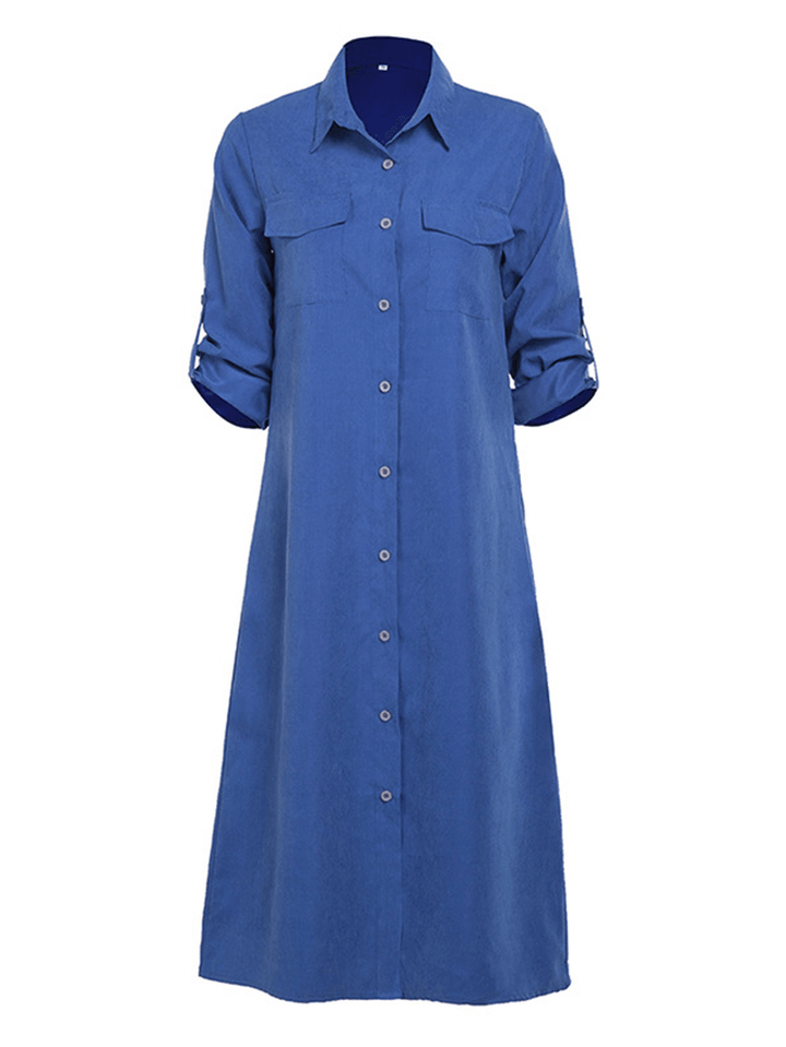 Women Long Adjustable Sleeve Button Turn-Down Collar Long Shirt Dress