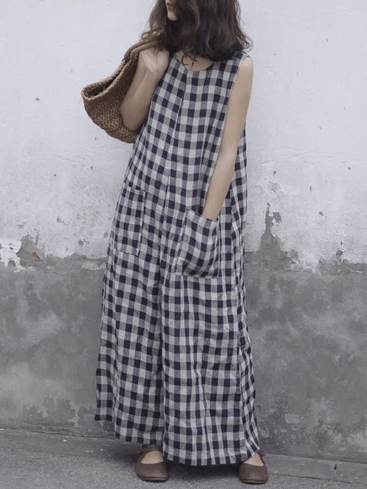 Women Sleeveless Plaid Loose Wide Leg Jumpsuit