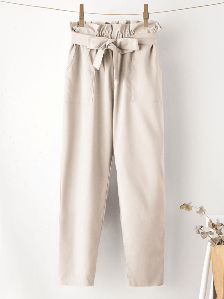 Solid Color Ruffle Knotted Pocket Casual Cropped Pants for Women - MRSLM