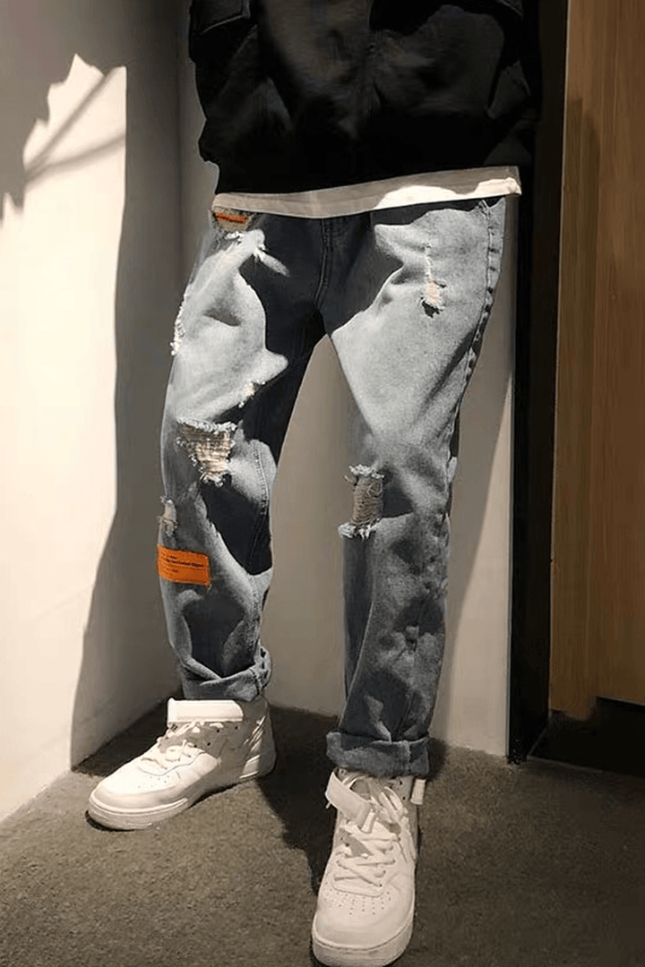 Men'S Loose Holes to Make Old Blue Jeans