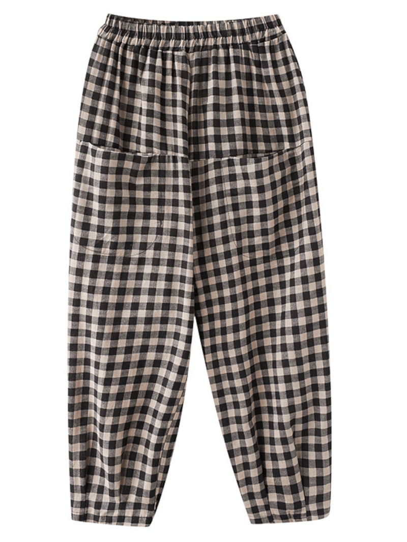 Women Vintage Plaid Wide-Legged Elastic High Waist Side Pocket Ankle Length Harem Pants