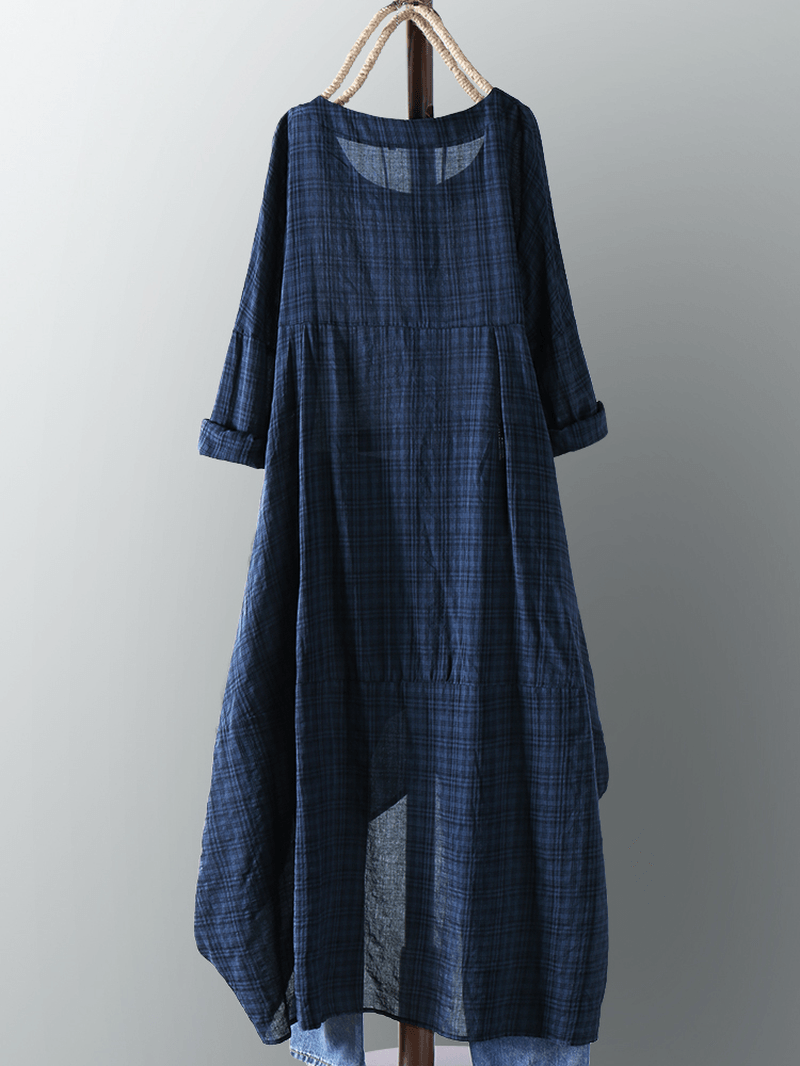 Vintage Women Cotton Pocket Plaid Irregular Hem Maxi Dress