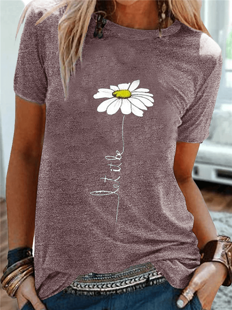 Women Daisy Embroidery round Neck Casual Short Sleeve T-Shirts