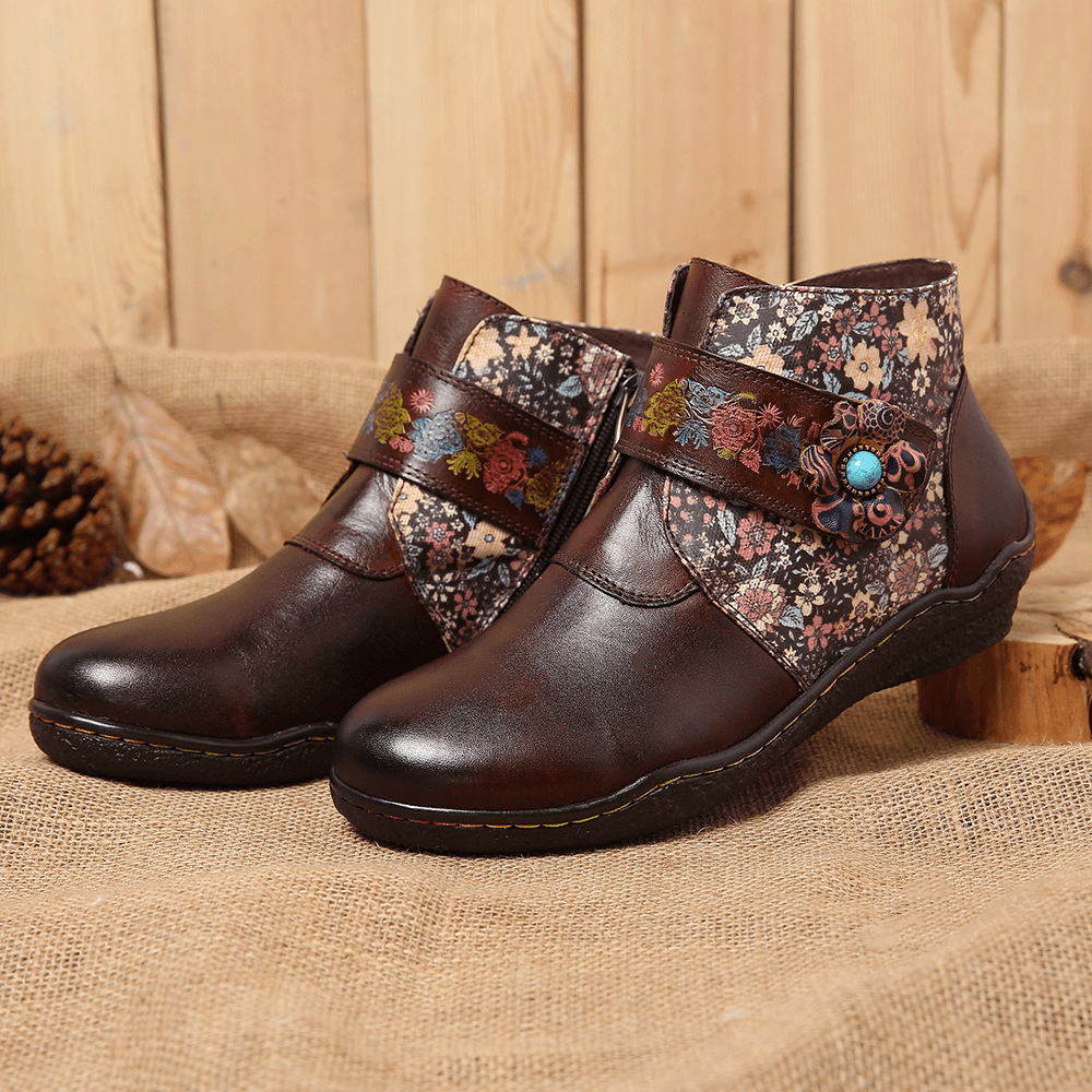 Retro Small Flowers Colorful Stitching Soft Leather Boots