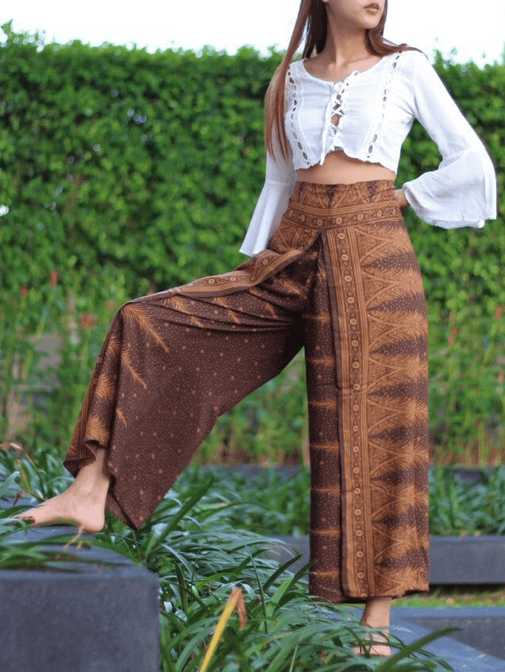 Women Idyllic Ethnic Style High Waist Side Split Loose Yoga Wide Leg Pants - MRSLM