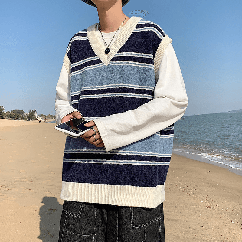 Men'S Korean Loose Striped V-Neck Sweater