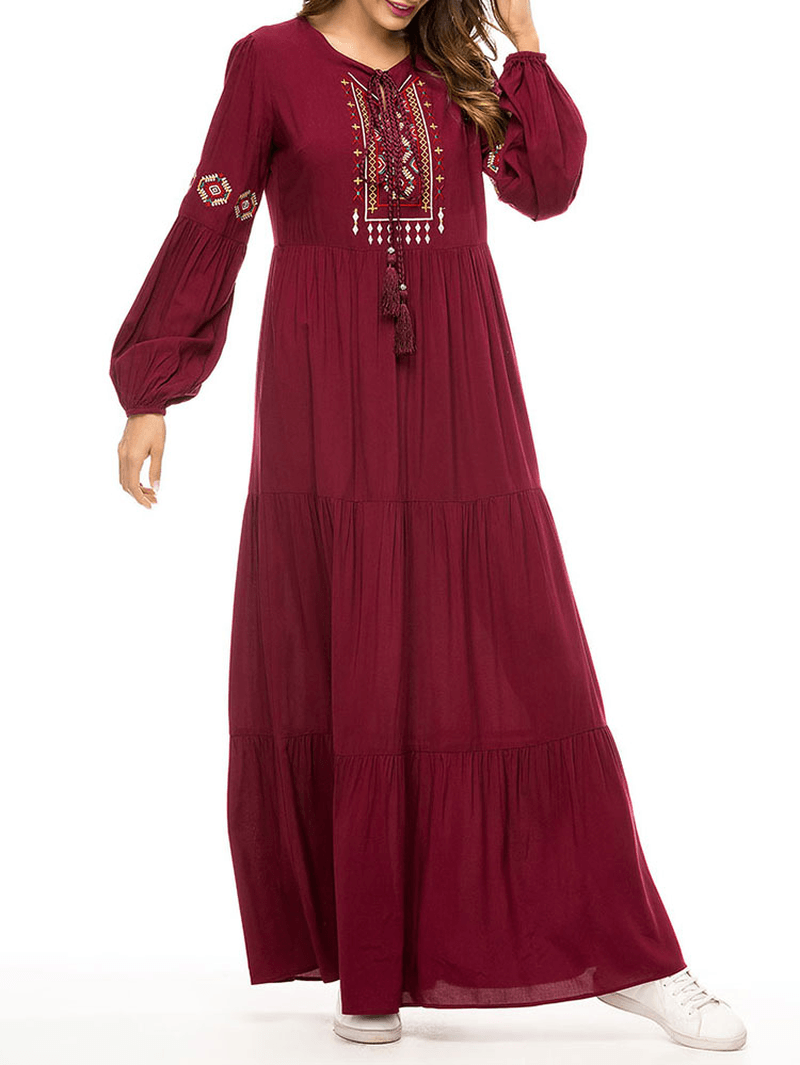 Women Pleated Robe Long Sleeve Maxi Dress