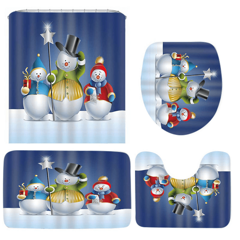 Bathroom Christmas Snowman Shower Curtain & 3PCS Mat Set Toilet Cover 180*180CM - MRSLM