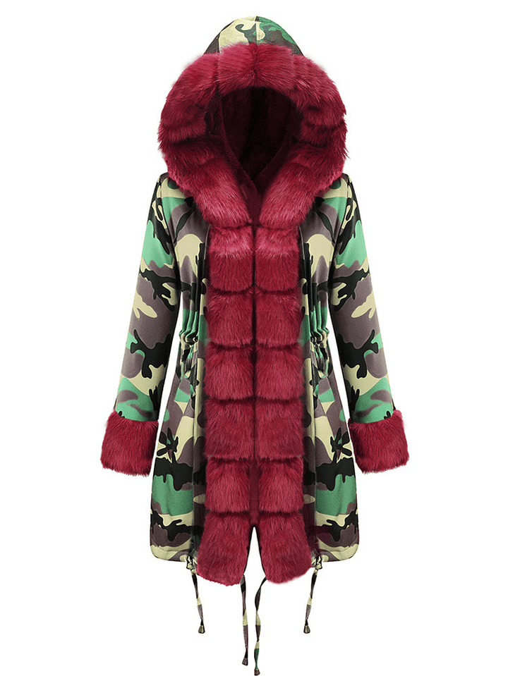 Long Sleeve Print Fur Collar Hooded Thick Coats