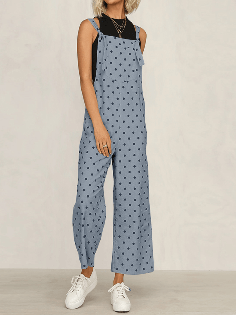 Casual Polka Dot Adjustable Strap Loose Wide Leg Jumpsuit with Pockets