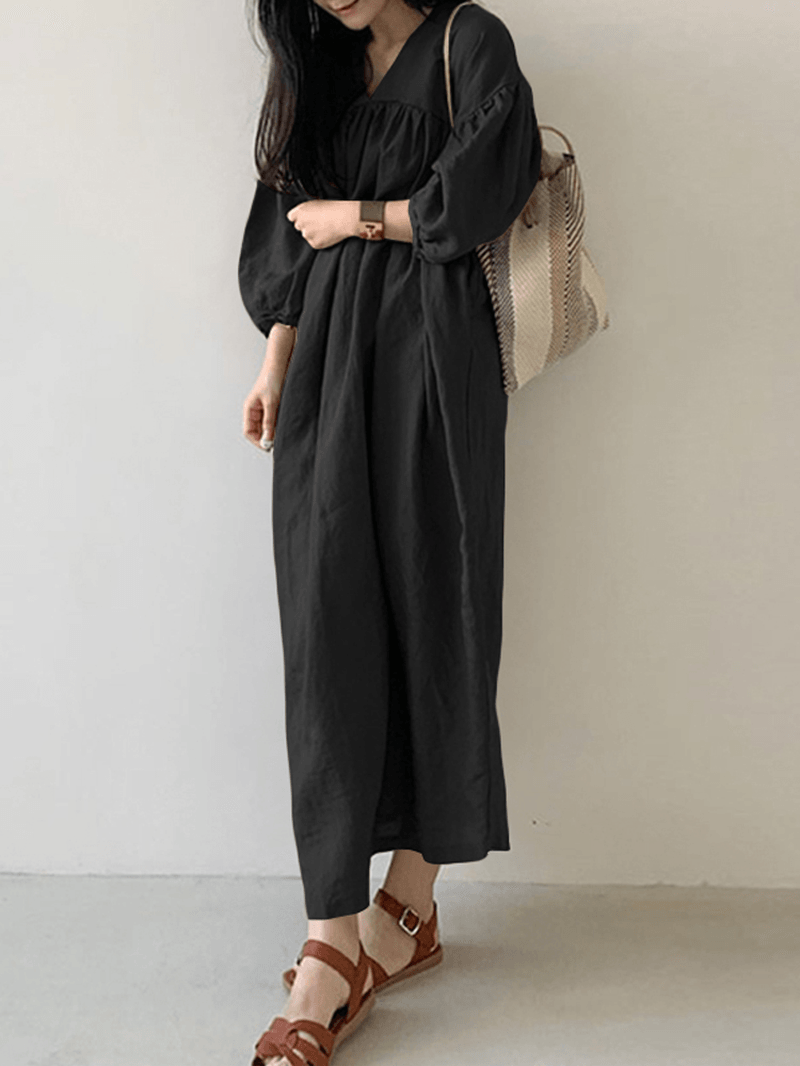 Women Cotton Solid Pleated Loose Puff Sleeve Maxi Dresses with Side Pockets