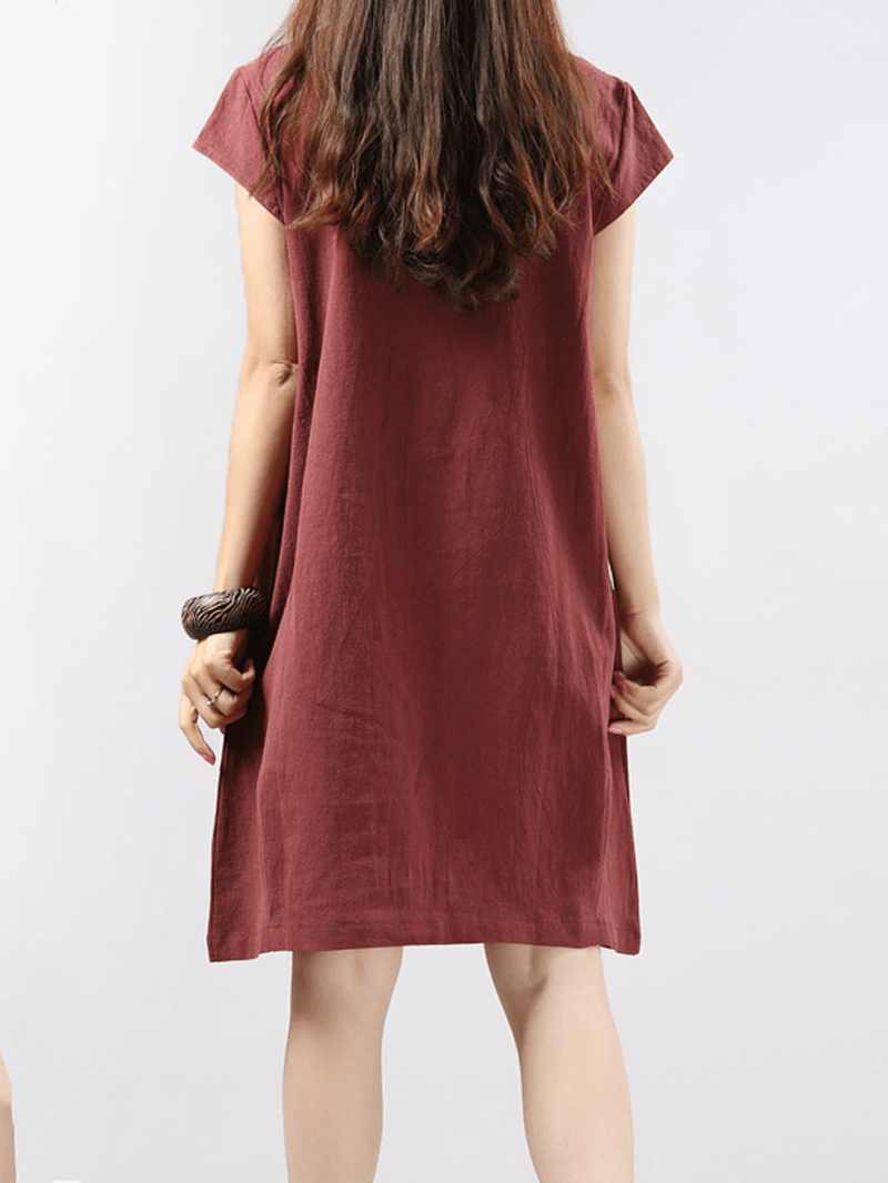 Women Short Sleeve Button Solid Color Casual Dress