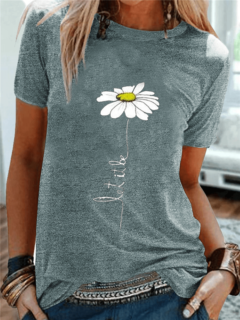 Women Daisy Embroidery round Neck Casual Short Sleeve T-Shirts