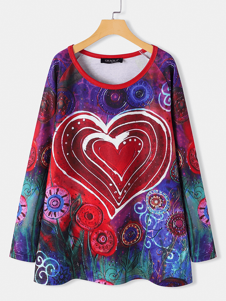 Women Graffiti Heart Floral Print round Neck Casual Long Sleeve T-Shirt