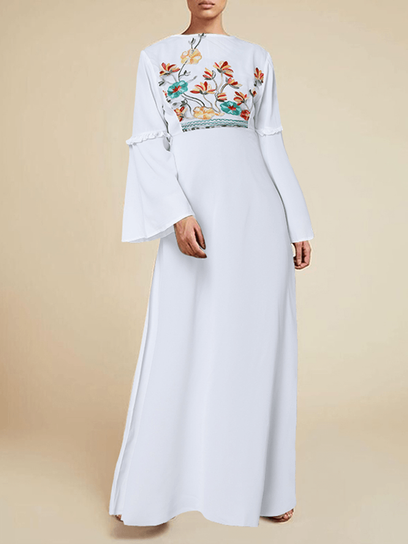 Floral Embroidery Lace Patchwork Flare Sleeve Back Zipper Bohemian Maxi Dress for Women