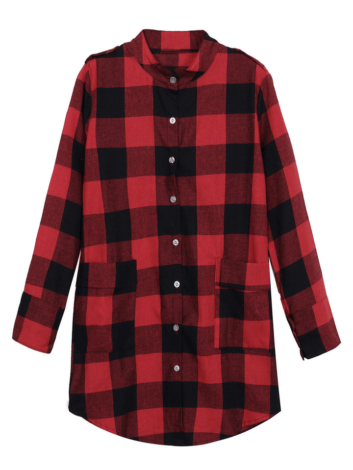 Women Casual Long Sleeve Plaid Loose Pocket Button Long Blouses - MRSLM