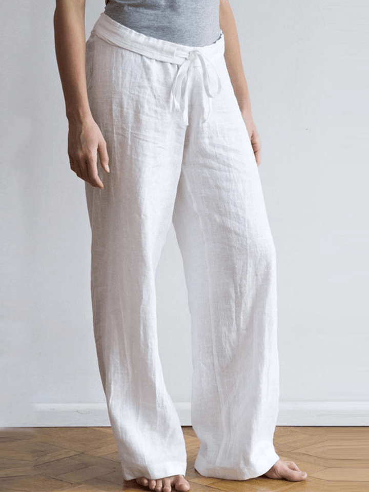 Women Elastic Waist Pockets Long Cotton Wide Leg Pants