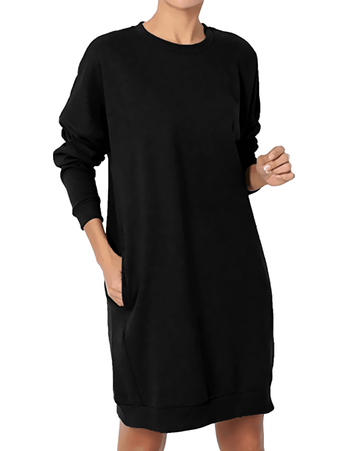 Women Long Sleeve Crew Neck Solid Pullover Loose Hoodie Sweatshirt Dress