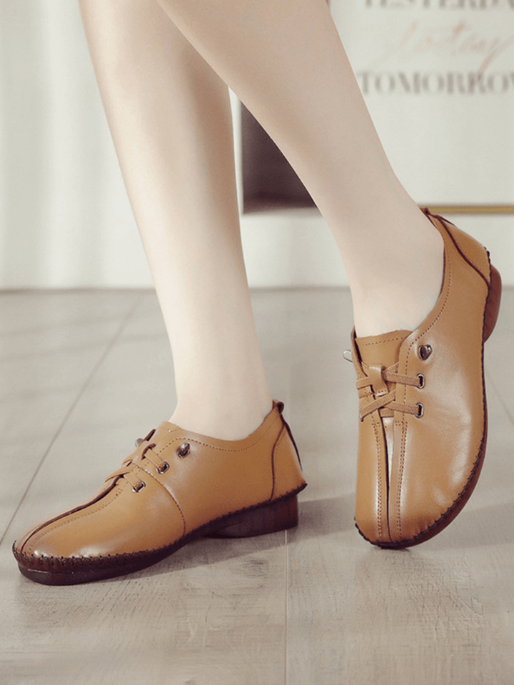 Women Comfy Stitching Genuine Leather Soft Lace up Flats Loafters