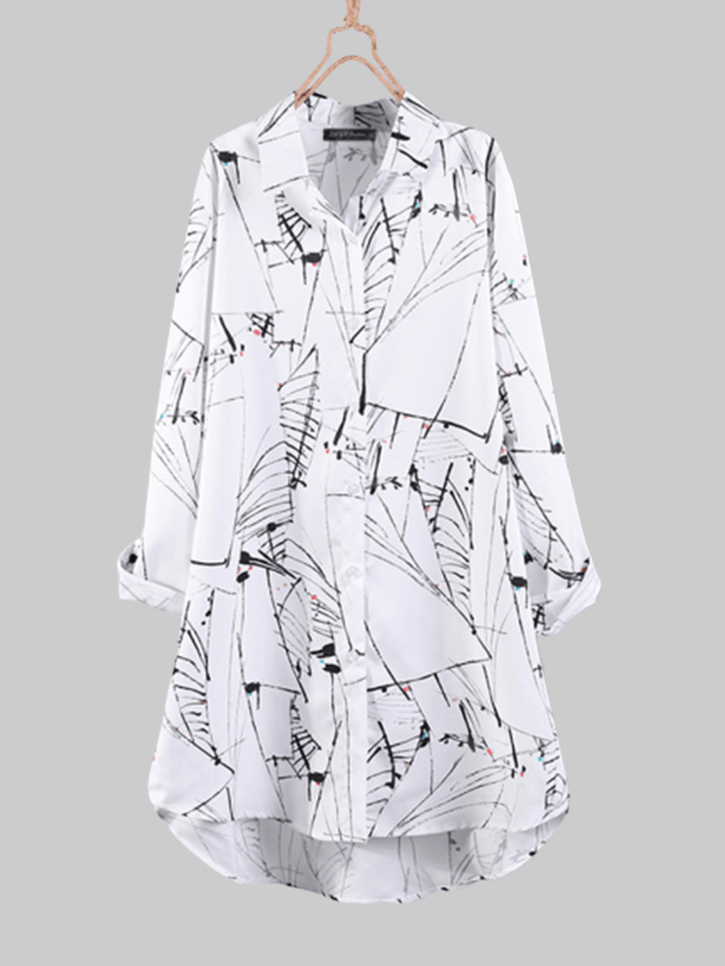 Women Floral Print Turn-Down Collar Irregular Hem Button Blouse