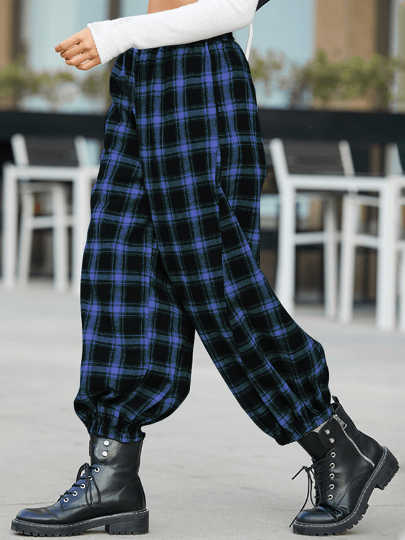 Women Plaid Print Elastic Waist Loose Stylish Beam Feet Pants Harem Pants with Pockets