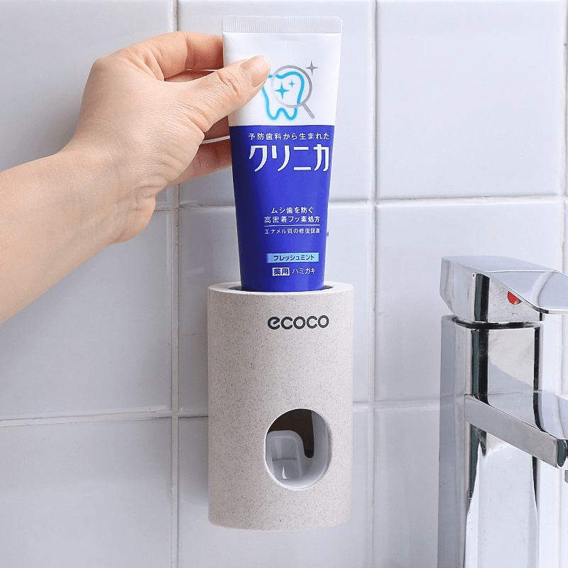 Ecoco Automatic Toothpaste Dispenser Dust-Proof Toothbrush Holder Wall Mount Stand Bathroom Accessories Set Toothpaste Squeezer